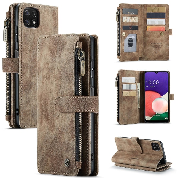 Compatible with Samsung Galaxy A22 5G Case Wallet with Magnetic Flip Zipper and Card Holder - Brown - Image 1