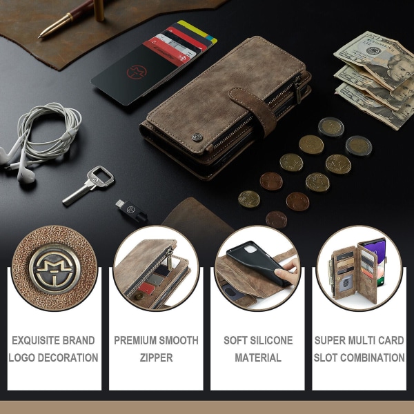 Compatible with Samsung Galaxy A22 5G Case Wallet with Magnetic Flip Zipper and Card Holder - Brown - Image 2