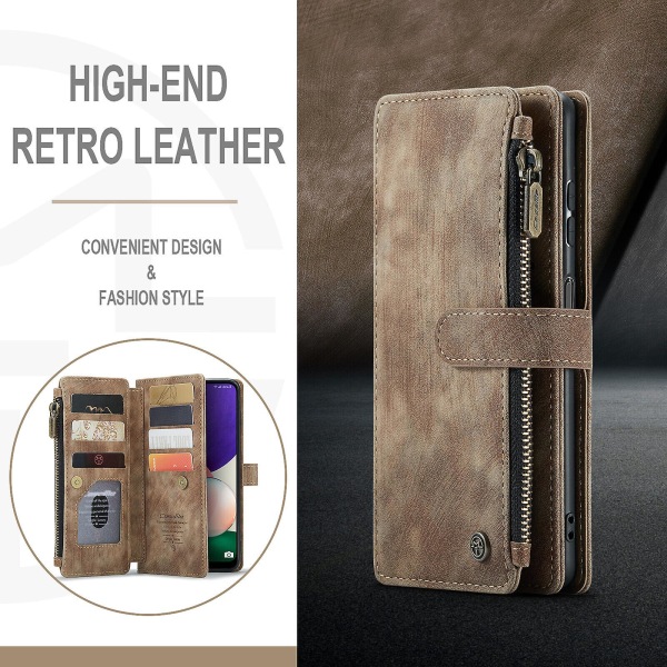 Compatible with Samsung Galaxy A22 5G Case Wallet with Magnetic Flip Zipper and Card Holder - Brown - Image 3