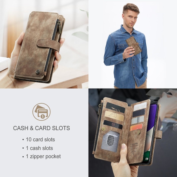 Compatible with Samsung Galaxy A22 5G Case Wallet with Magnetic Flip Zipper and Card Holder - Brown - Image 5