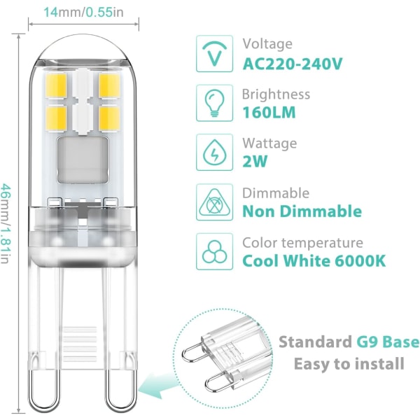 G9 LED Bulbs 10-Pack 1.5W Cool White 6000K Non-Dimmable AC 220-240V Mini Flicker-Free - Image 2
