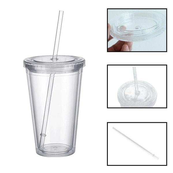 Reusable Plastic Cups Double Walled Transparent Drinking Cup with Straw Reusable Cups Suitable for Fruit Juice-max - Image 4