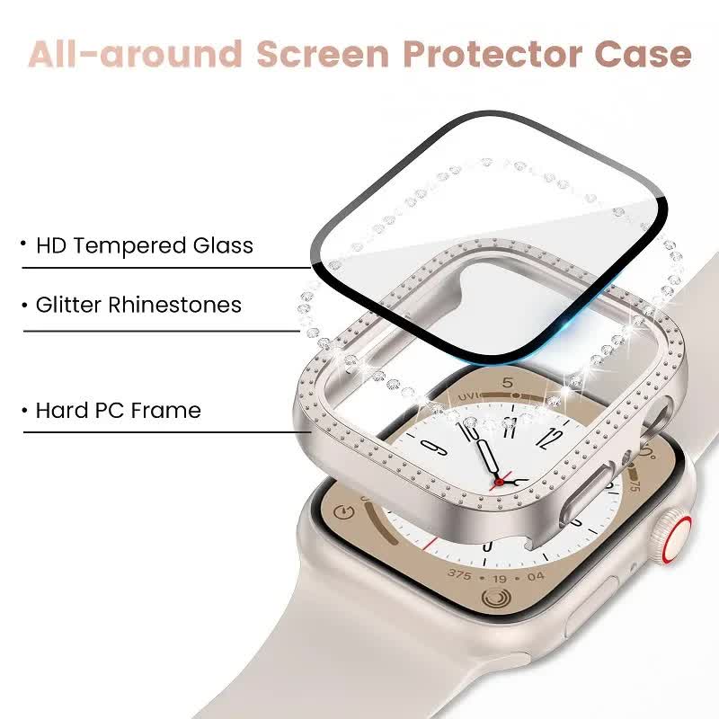 Diamond Glass Bling Bumper Case with Screen Protector Compatible with Apple Watch Series 9 8 7 6 SE 3 45mm 44mm 42mm 41mm 40mm 38mm Red - Image 3