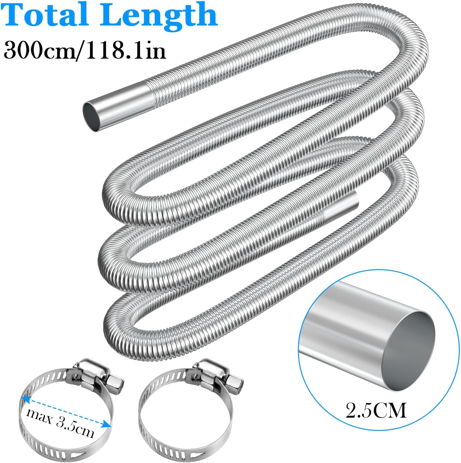 Stainless Steel Air Heater Hose 300cm Ø 2.5cm Exhaust Pipe with 2 Clamps for Parking Heater - Image 2