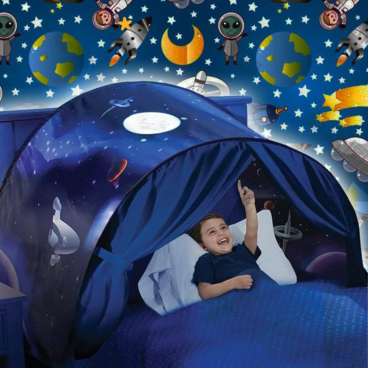 Bed Tent for Kids, Space Tent for Boys, Pop Up Play Tent - Image 1