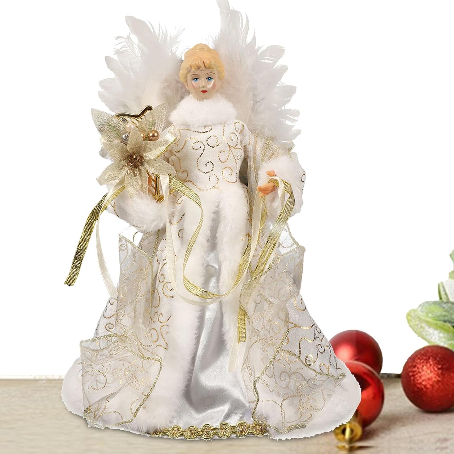 Christmas Tree Angel Tops with White Feather Wings Decorative Ornaments for Holiday Decor - Image 1