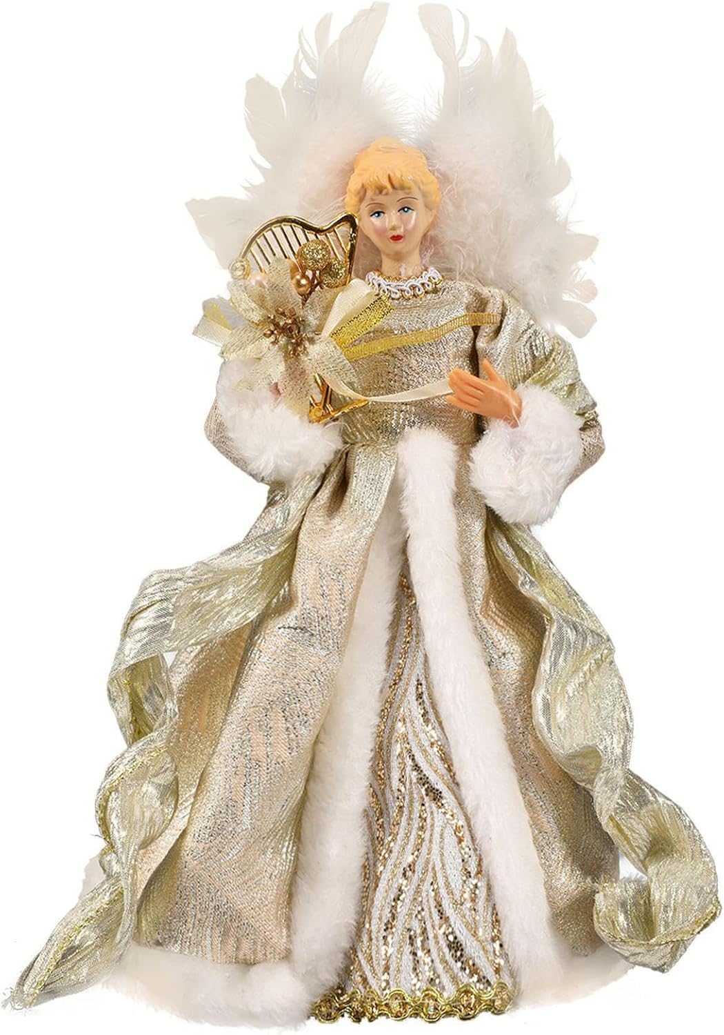 Christmas Tree Angel Topper with White Feather Wings Decorative Ornament - Image 1