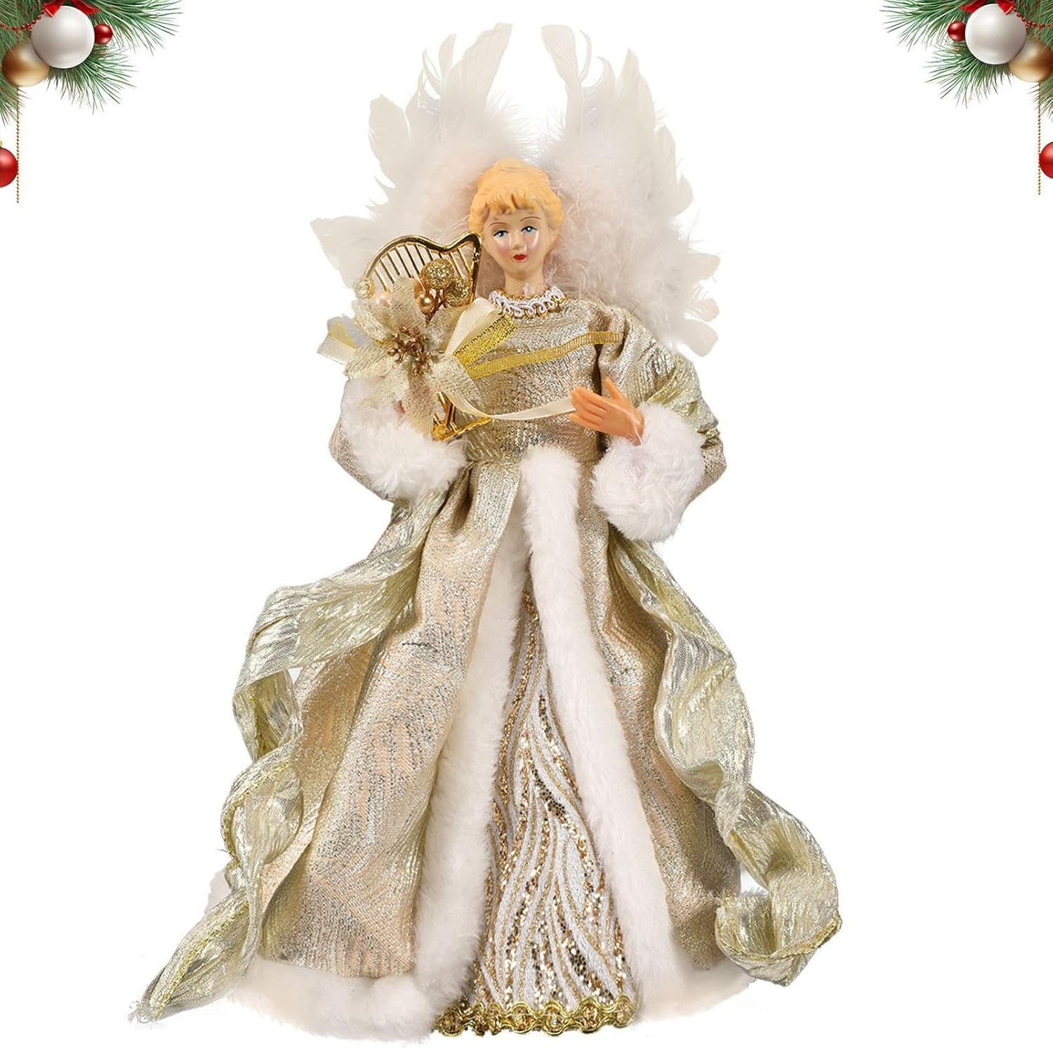 Christmas Tree Angel Topper with White Feather Wings Decorative Ornament - Image 6