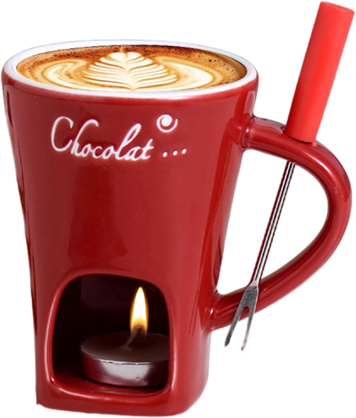 Tealight Fondue Set, Ceramic Melting Pot for Chocolate and Dessert Red - Image 1