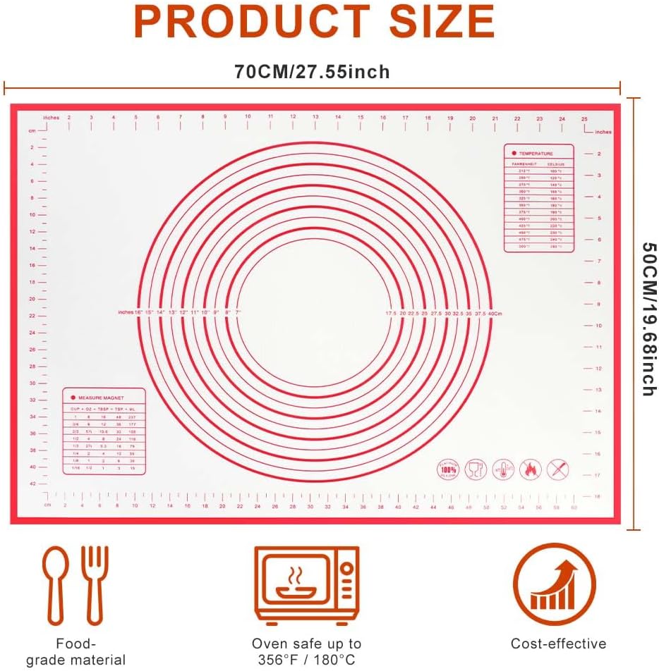 Non-stick rolling pin, 70×50cm silicone rolling pin, non-slip silicone baking mat, food plate, cake mat, cake mat, cake/pizza mat 70*50CM - red - Image 2
