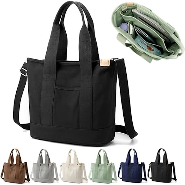 Handmade Canvas Shoulder Bag for Women Black Medium with Compartments Zipper College School Work Travel - Image 1