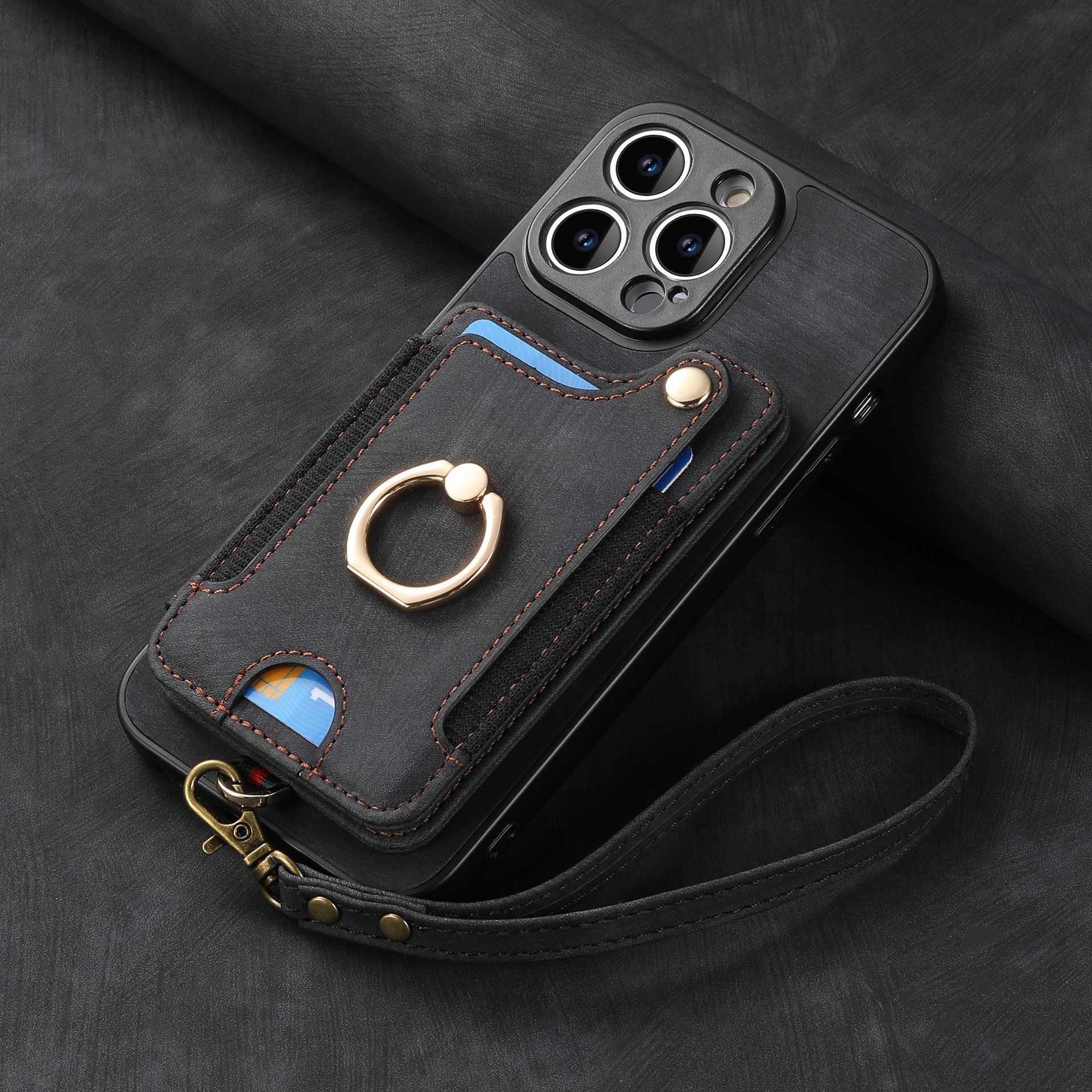Leather RFID Anti-Theft Phone Case with Strap Compatible with iPhone 15 Pro Max Black Card Holder Loop Buckle - Image 1