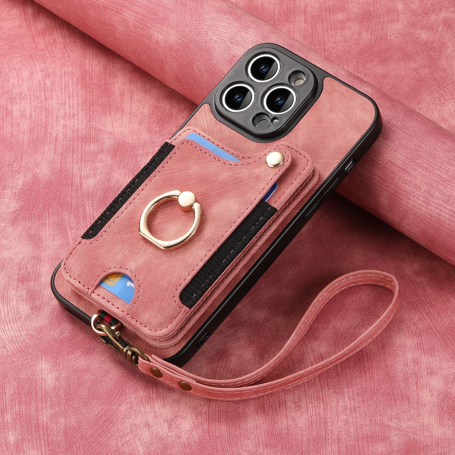 Leather RFID Anti-Theft Phone Case with Strap Compatible with iPhone 15 Pro Max Black Card Holder Loop Buckle - Image 8