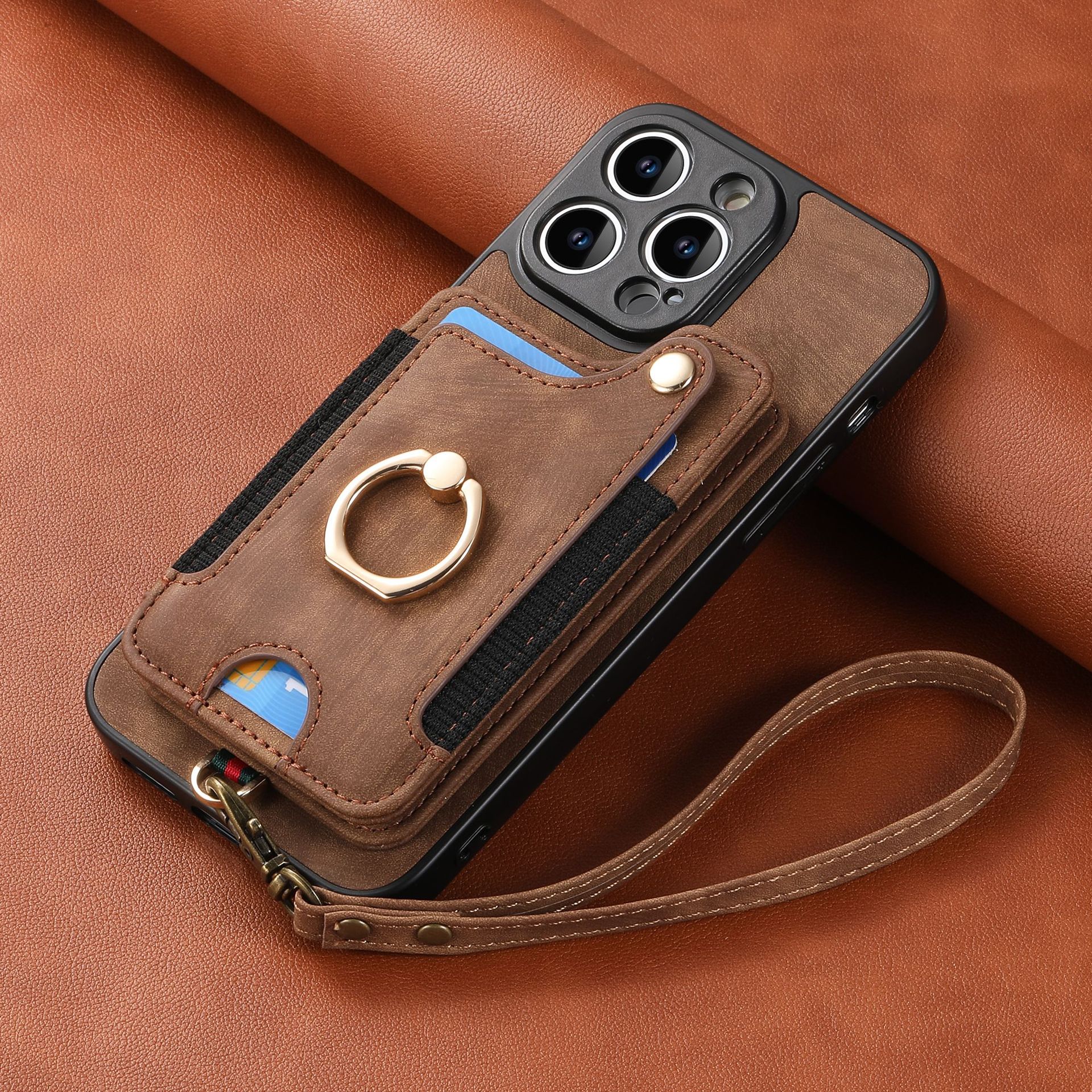 Mobile Phone Leather Case Compatible with iPhone RFID Anti-Theft Swipe Loop Buckle Rope Multifunctional Card Holder Brown [With Leather Strap] Brown [With Leather Lanyard]] iPhone 13 Pro - Image 1