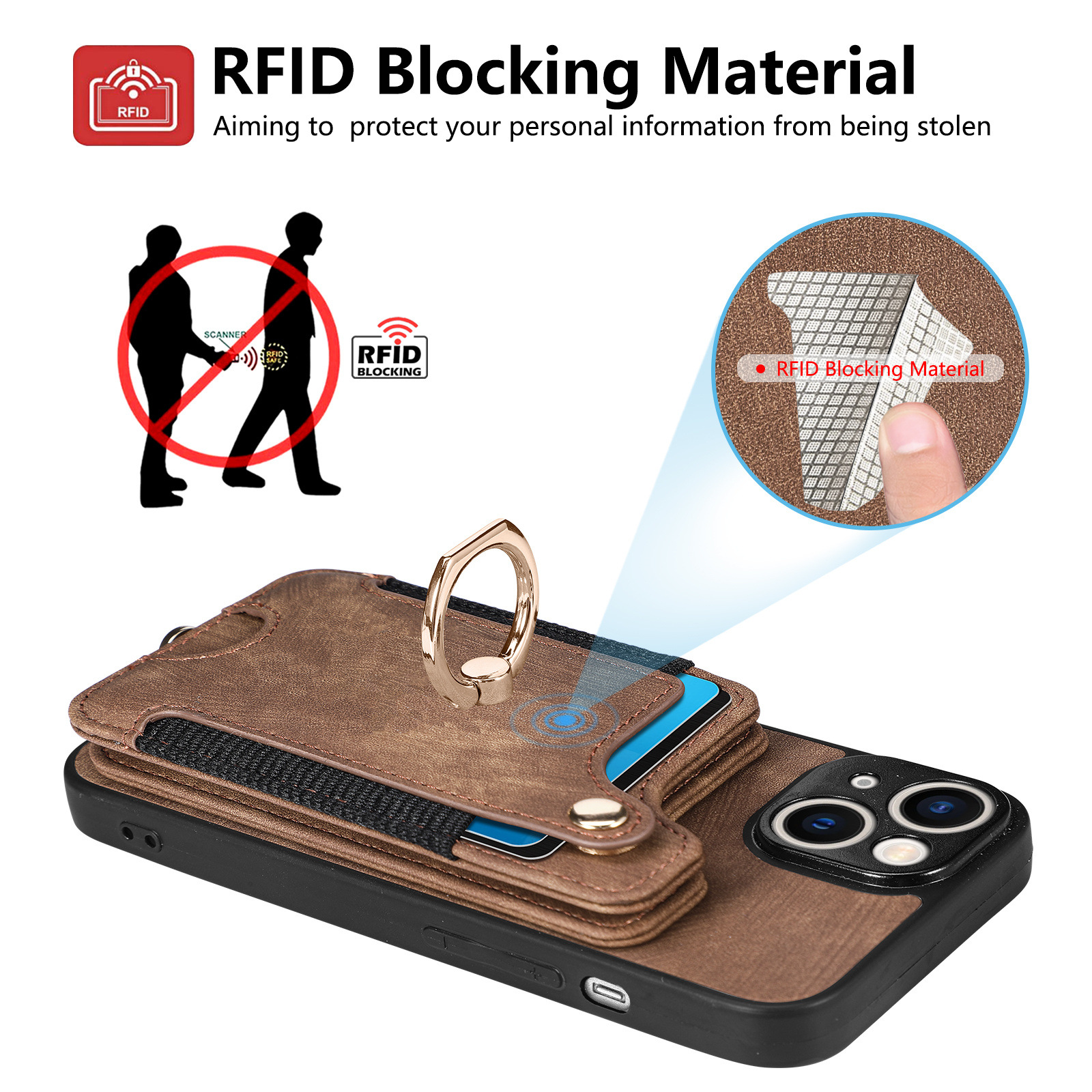 Mobile Phone Leather Case Compatible with iPhone RFID Anti-Theft Swipe Loop Buckle Rope Multifunctional Card Holder Brown [With Leather Strap] Brown [With Leather Lanyard]] iPhone 13 Pro - Image 3