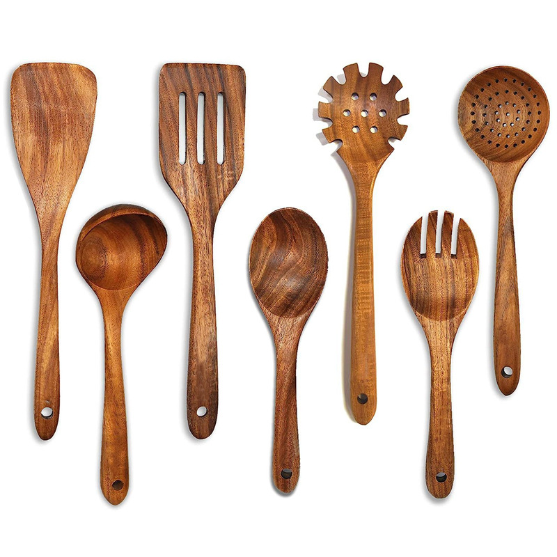 Wooden Kitchen Utensil Set 7 Pcs Teak Wooden Ladle and Cooking Utensils - Image 1