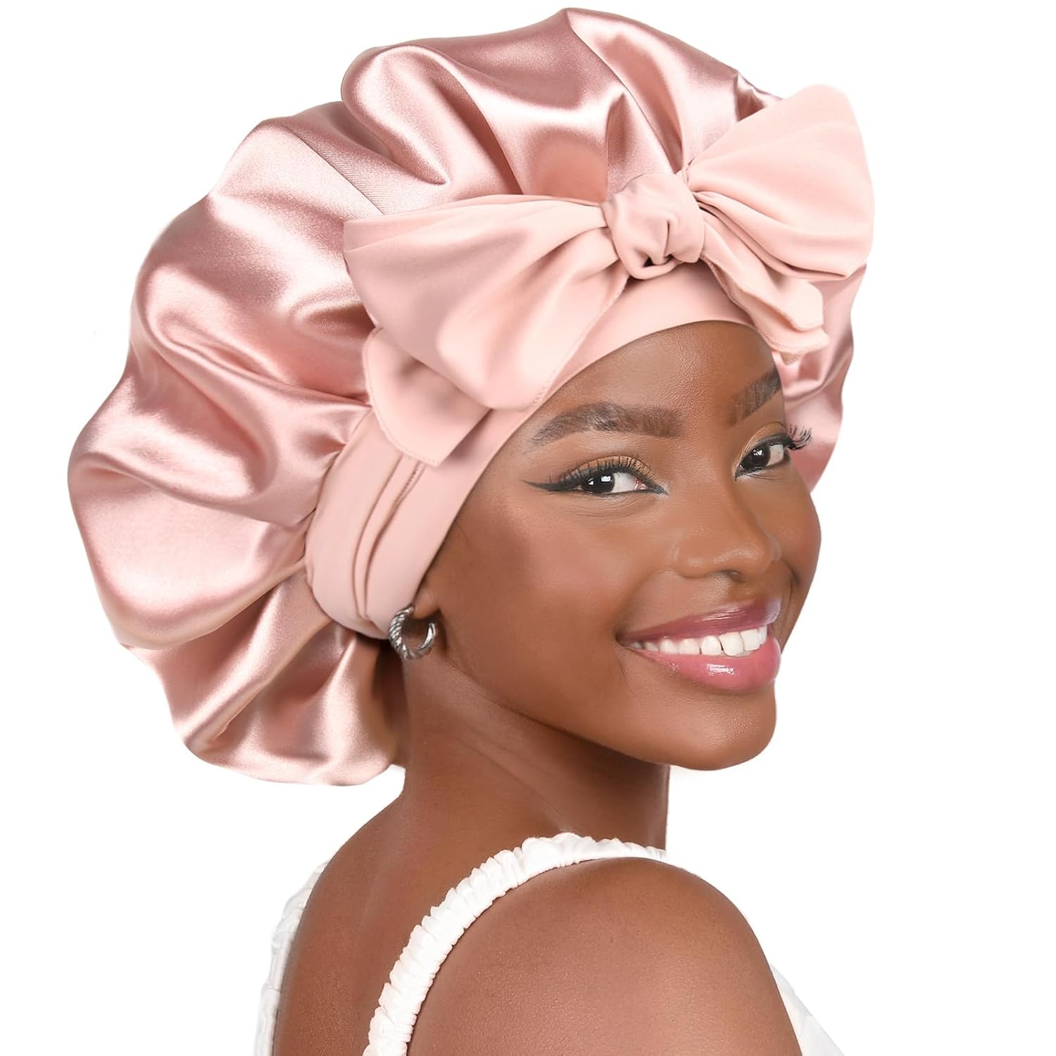 Satin Bonnet Silk Bonnet for Sleep Double Layered Satin Lined Hair Cap with Ties Bonnets for Women Natural Curly Hair Pink - Image 1