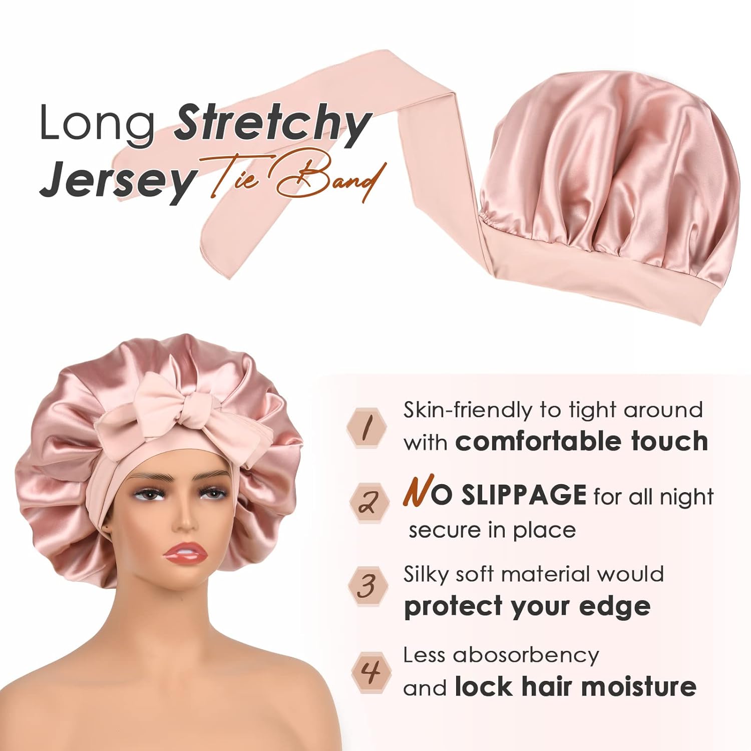 Satin Bonnet Silk Bonnet for Sleep Double Layered Satin Lined Hair Cap with Ties Bonnets for Women Natural Curly Hair Pink - Image 4