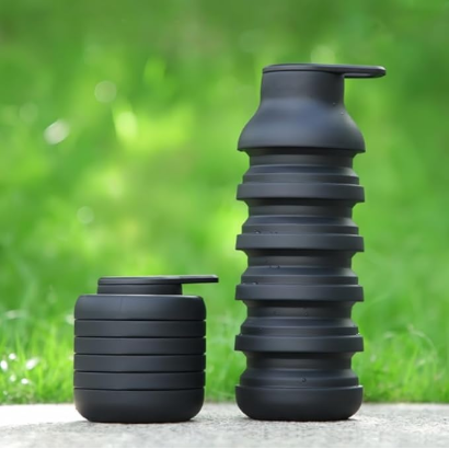 Collapsible Water Bottles, Reusable Water Bottle with Buckle, 600ml Silicone Leakproof Portable Bottle for Gym Camping Hiking Sports Outdoors, Travel Essentials for Flying Cruise Ship, Black - Image 1