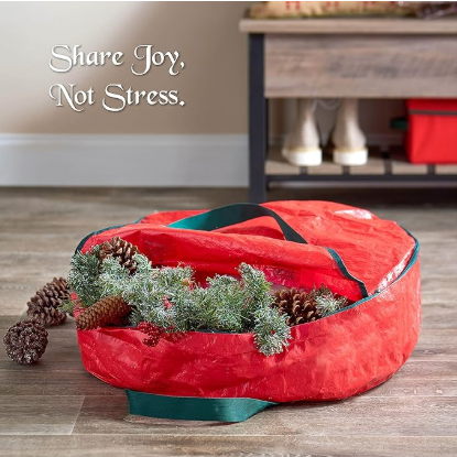 Christmas Wreath Storage Container 24 Inch - Wreath Bag for Artificial Wreaths Box - Dual Zippered Wreaths Storage Bag with Strong Durable Handles - Red - Image 2