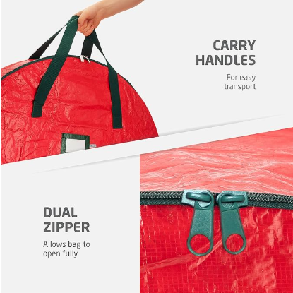 Christmas Wreath Storage Container 24 Inch - Wreath Bag for Artificial Wreaths Box - Dual Zippered Wreaths Storage Bag with Strong Durable Handles - Red - Image 4