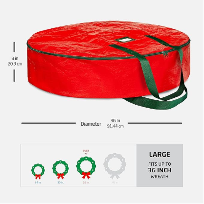 Christmas Wreath Storage Container 36 Inch - Wreath Bag for Artificial Wreaths Box - Dual Zippered Wreaths Storage Bag with Strong Durable Handles - Red - Image 6