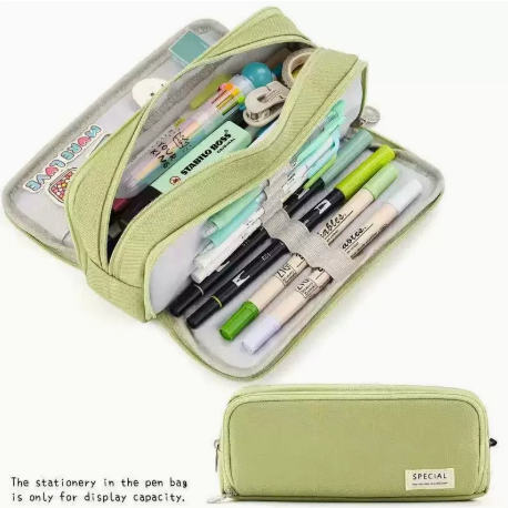 Large Capacity Pencil Case 3 Compartment Pouch Pen Bag for School Teen Girl Boy Men Women (Green) - Image 1