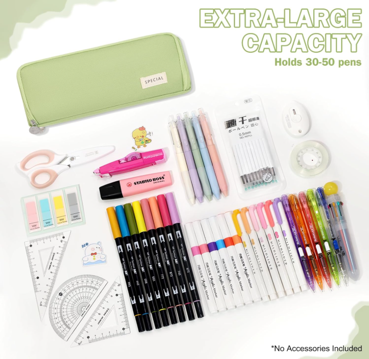 Large Capacity Pencil Case 3 Compartment Pouch Pen Bag for School Teen Girl Boy Men Women (Green) - Image 2