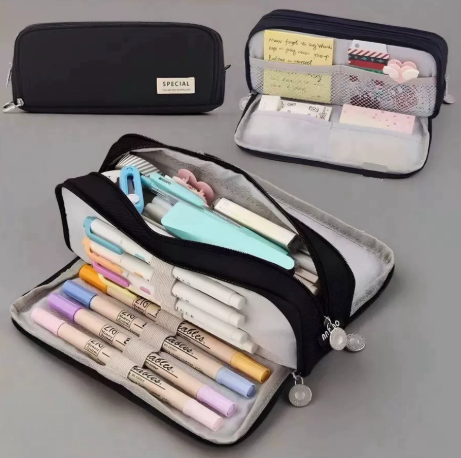Large Capacity Pencil Case 3 Compartment Pouch Pen Bag for School Teen Girl Boy Men Women (Black) - Image 1