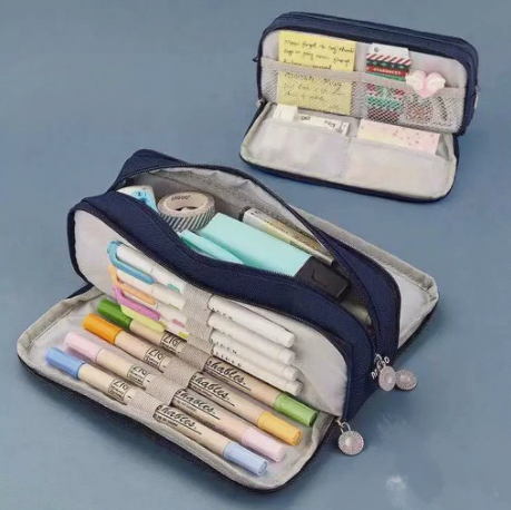 Large Capacity Pencil Case 3 Compartment Pouch Pen Bag for School Teen Girl Boy Men Women (Navy) - Image 1