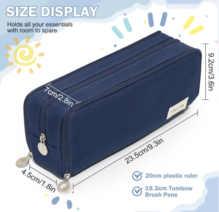 Large Capacity Pencil Case 3 Compartment Pouch Pen Bag for School Teen Girl Boy Men Women (Navy) - Image 3