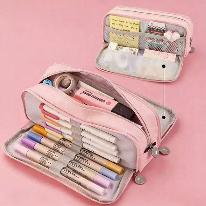 Large Capacity Pencil Case 3 Compartment Pouch Pen Bag for School Teen Girl Boy Men Women (Pink) - Image 1