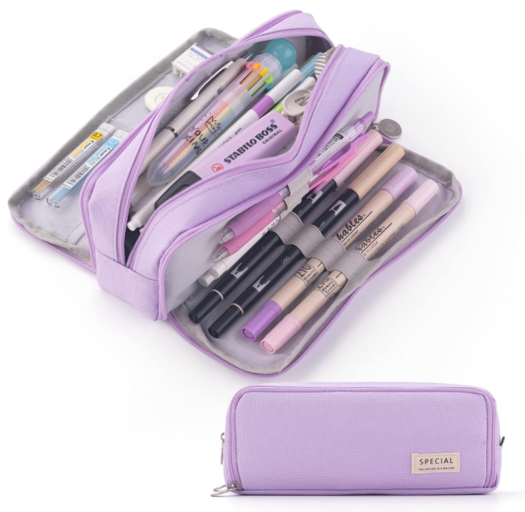 Large Capacity Pencil Case 3 Compartment Pouch Pen Bag for School Teen Girl Boy Men Women (Purple) - Image 1