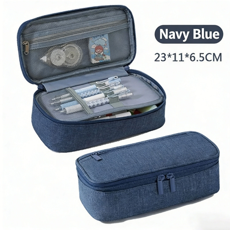 Pencil Case Pen Bag, Two Layers Big Capacity Pencil Pouch Pen Organizer Durable Stationery Holder for Marker Organization School Supplies Office Storage Desk Organizing –Navy blue - Image 1