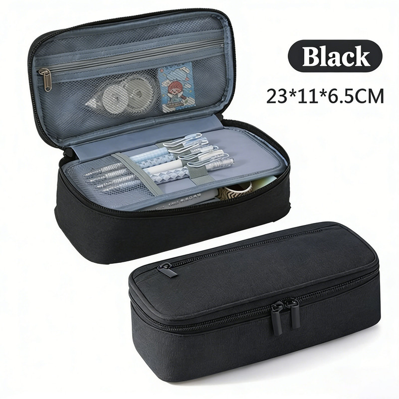 Pencil Case Pen Bag, Two Layers Big Capacity Pencil Pouch Pen Organizer Durable Stationery Holder for Marker Organization School Supplies Office Storage Desk Organizing –Black - Image 1