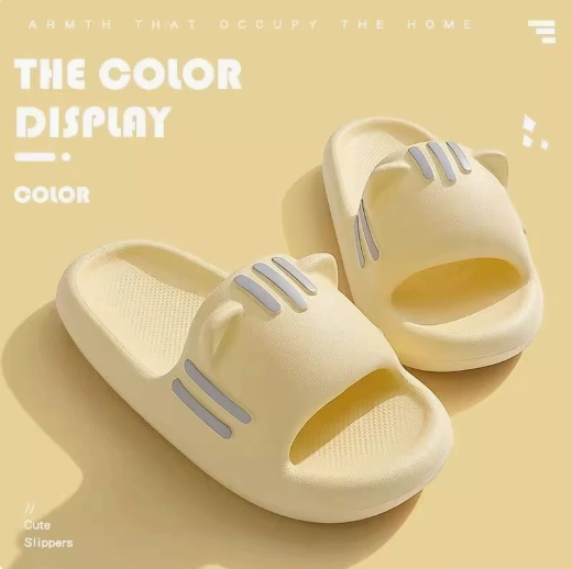 Women’s Slides Cute Bathroom Slippers Non-Slip Cartoon Cat Shaped Indoor Outdoor Summer Slippers（yellow，40-41） - Image 1