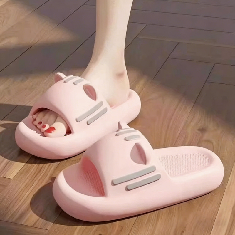 Women’s Slides Cute Bathroom Slippers Non-Slip Cartoon Cat Shaped Indoor Outdoor Summer Slippers（pink，38-39） - Image 1