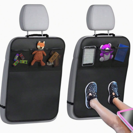 Back Seat Cover For Kids + 3 Pocket Storage Organizer, 2 Pack X-Large Waterproof Kick Mats Backseat Protector, Car Seat Back Protectors For Vehicles To Protect From Dirt, Mud & Scratches - Image 1