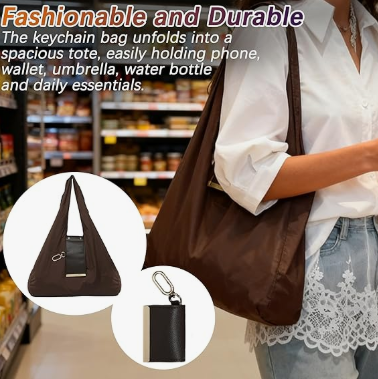 Keychain Tote Bag Compact & Expandable for On the Go, Foldable Tote Bag with Key Ring for Daily Errands - Brown - Image 4