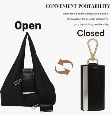 Keychain Tote Bag Compact & Expandable for On the Go, Foldable Tote Bag with Key Ring for Daily Errands - Brown - Image 5
