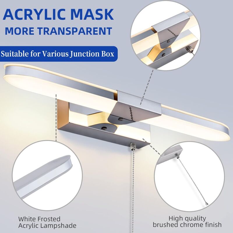 LED Bathroom Mirror Light 40Cm LED Mirror Light Wall Lamp Bathroom Mirror Light With Pull Switch 3000K 920Lm 8W Ip44 - Image 4
