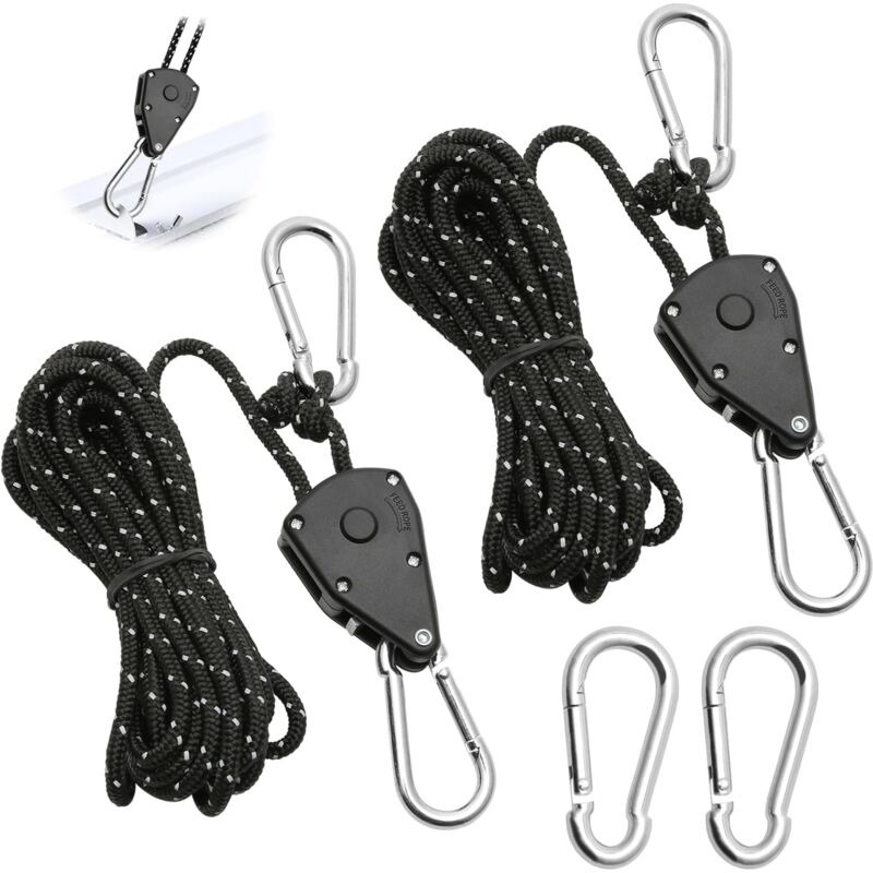 2 Pieces 4M Adjustable Ratchet ROpe, 1/8 Black Ratchet Pulley With 2 Replacement Hooks, Reflective Ratchet ROpe - Image 1