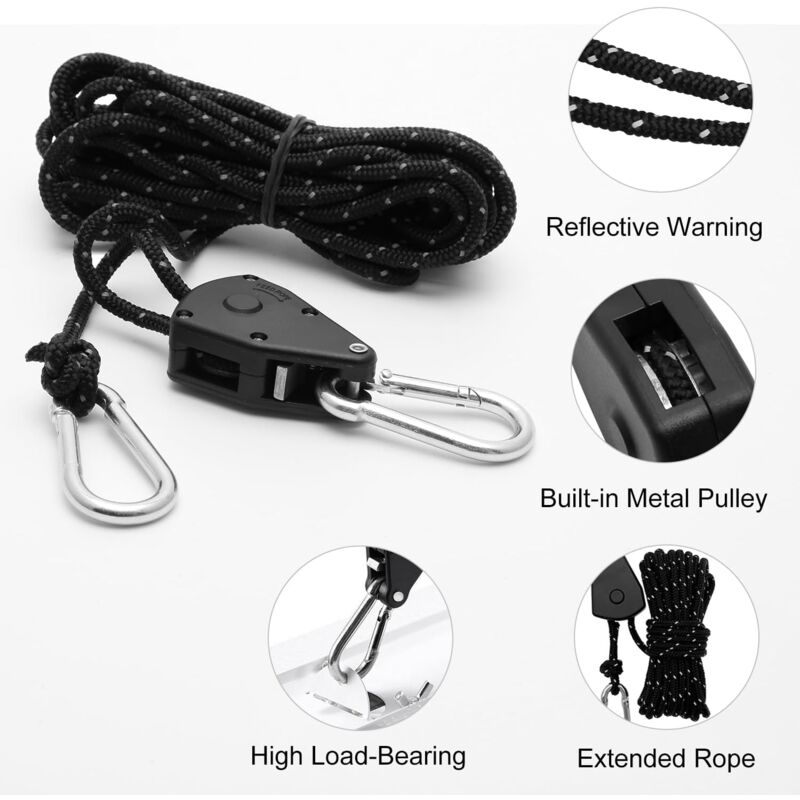2 Pieces 4M Adjustable Ratchet ROpe, 1/8 Black Ratchet Pulley With 2 Replacement Hooks, Reflective Ratchet ROpe - Image 3