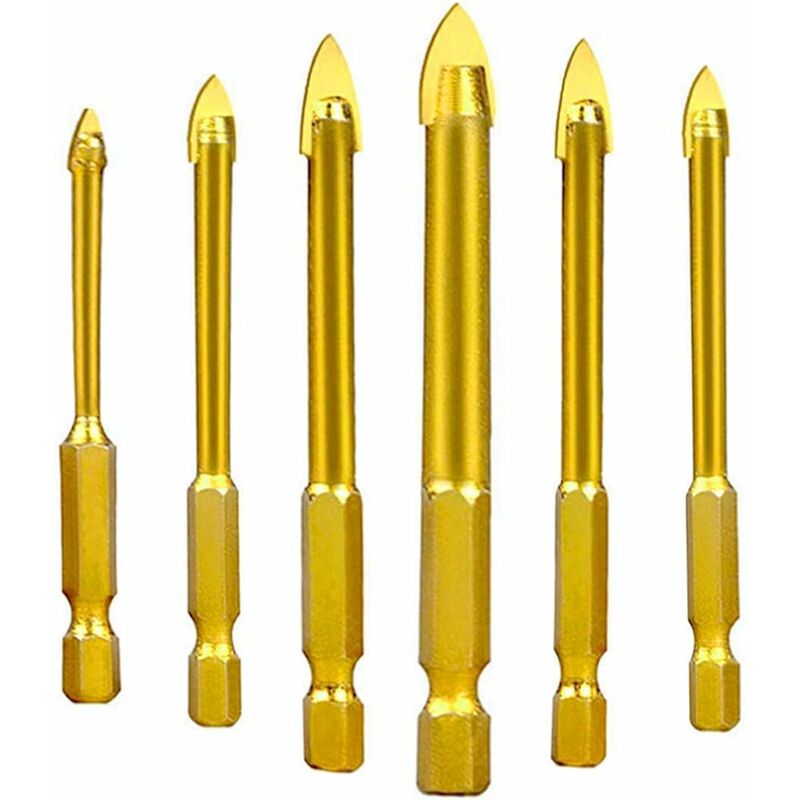 Tungsten Steel Glass Ceramic Tile Crystal Drill Bits With Hex Shank Titanium Coated 3Mm 4Mm 5Mm 6Mm 8Mm 10Mm 6 Pack - Image 1