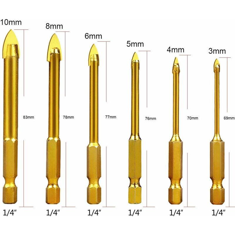 Tungsten Steel Glass Ceramic Tile Crystal Drill Bits With Hex Shank Titanium Coated 3Mm 4Mm 5Mm 6Mm 8Mm 10Mm 6 Pack - Image 2