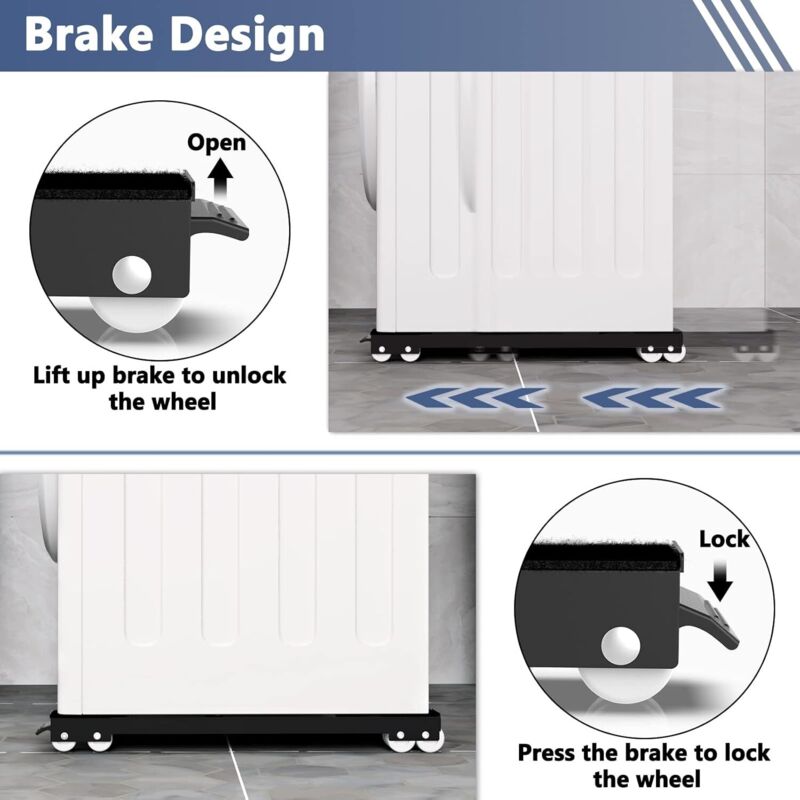Washing Machine Base With Brake, Adjustable Mobile Base For Washing Machine, Dryer, Refrigerator, Load 300Kg, Black - Image 2