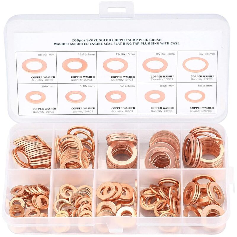 Copper Metal Washers, Gaskets Sealing Ring, Flat Washers, O-Ring With Box For Sealing - 200 pcs/M5 M6 M8 M10 M12 M14 - Image 1
