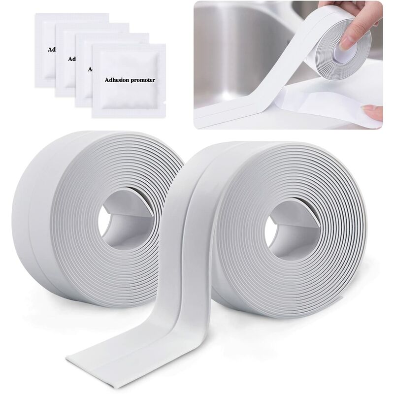2 ROlls Waterproof Self-Adhesive Sealing Strip, Pvc Adhesive Tape For Wall, Shower, Toilet, Kitchen, Bathroom (White) - Image 1