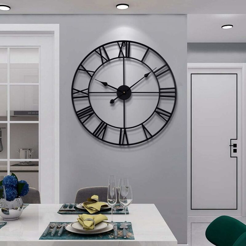 Large ROund Metal Wall Clock Vintage Style Silent Non Ticking Battery Operated 40Cm Black ROman Numeral Clocks For - Image 1