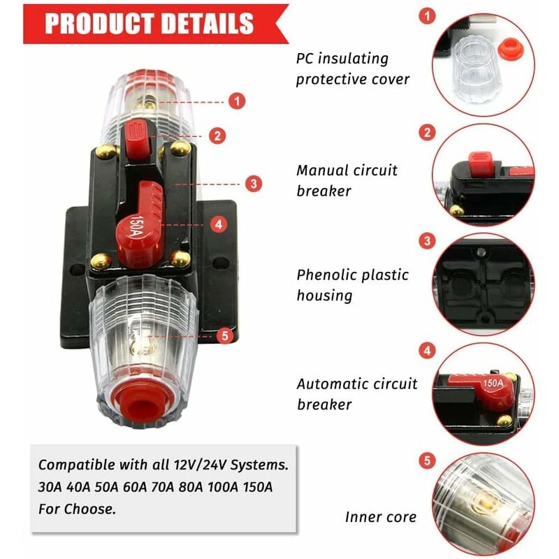 Car Fuse Circuit Breaker, Auto Circuit Breaker Car Protection 12V - 24V Dc, Manual Reset Switch Car Audio Fuse, Inline - Image 4